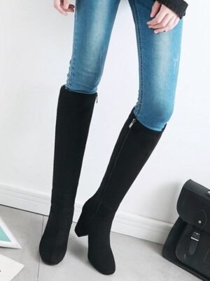 Sleek Navy Blue Round Toe Knee-High Block Heel Boots - Image 16