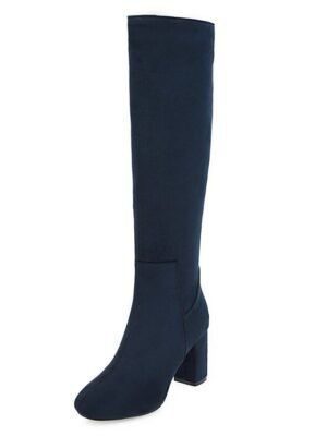 Sleek Navy Blue Round Toe Knee-High Block Heel Boots - Image 4