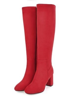 Sleek Navy Blue Round Toe Knee-High Block Heel Boots - Image 7