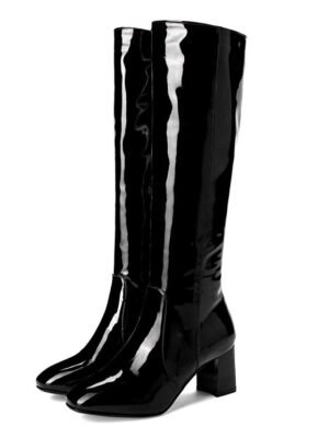 Sleek White Patent Leather Knee-High Block Heel Boots - Image 8
