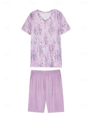 Sleepwear Casual Floral Stripe V Neck Short Sleeve Capri Leggings Set - Image 9