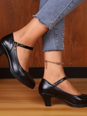 Sophisticated Mid Heel Black Faux Leather Mary Jane Pumps - Image 4
