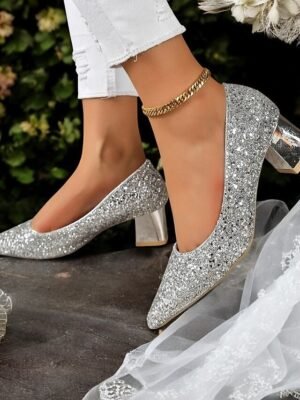 Sparkling Metallic Pointed-Toe Block Heels - Image 1