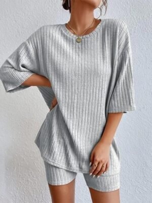 Street Regular Fit Plain Round Neck Short 2 Piece Set - Image 3