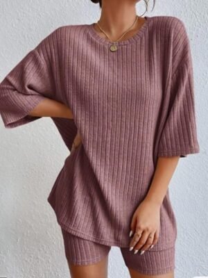 Street Regular Fit Plain Round Neck Short 2 Piece Set - Image 4