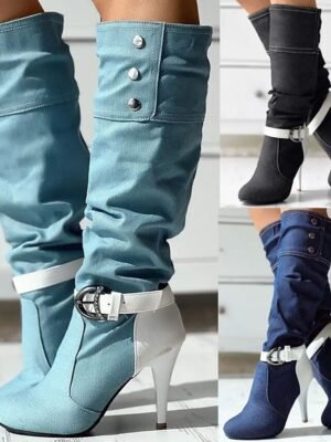 Street Style Denim Stiletto Buckle High Heel Slouch Boots - Image 1
