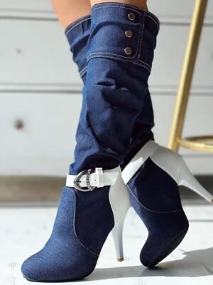 Street Style Denim Stiletto Buckle High Heel Slouch Boots - Image 10