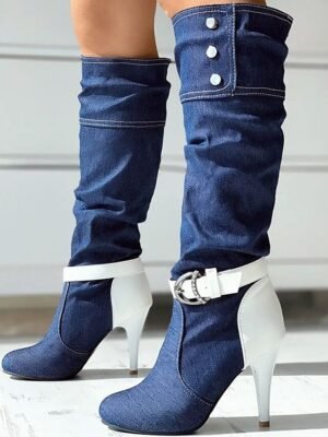 Street Style Denim Stiletto Buckle High Heel Slouch Boots - Image 11