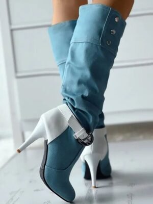 Street Style Denim Stiletto Buckle High Heel Slouch Boots - Image 3