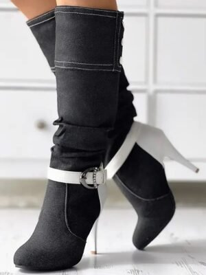 Street Style Denim Stiletto Buckle High Heel Slouch Boots - Image 6