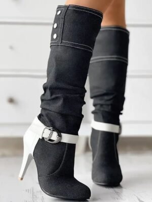 Street Style Denim Stiletto Buckle High Heel Slouch Boots - Image 7