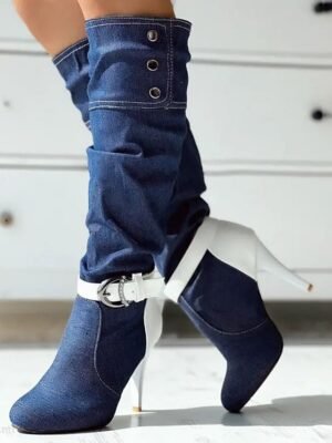 Street Style Denim Stiletto Buckle High Heel Slouch Boots - Image 8
