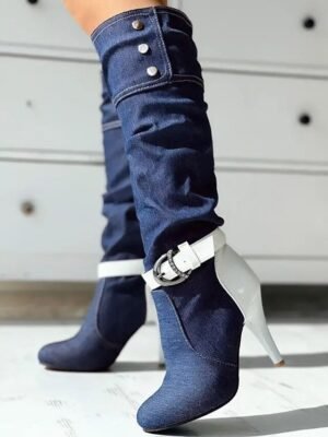 Street Style Denim Stiletto Buckle High Heel Slouch Boots - Image 9