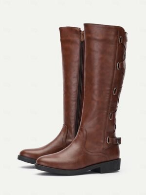 Stylish Black High Knee Side Lace-Up Motorcycle Boots - Image 2