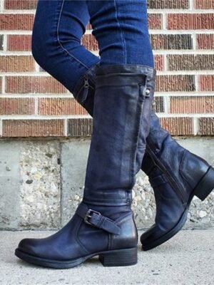 Stylish Black Round Toe Knee-High Buckle Boots - Image 1