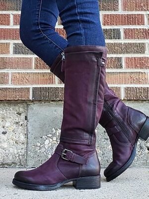 Stylish Black Round Toe Knee-High Buckle Boots - Image 5