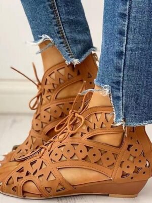 Stylish Black Wedge Cut-Out Lace-Up Geometric Sandals - Image 4