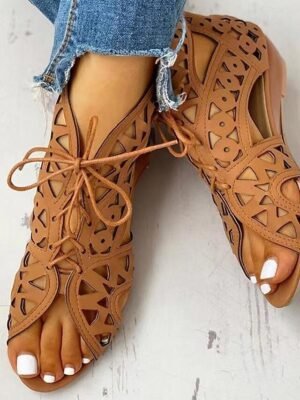 Stylish Black Wedge Cut-Out Lace-Up Geometric Sandals - Image 5