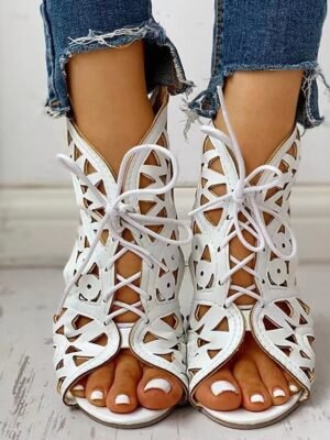 Stylish Black Wedge Cut-Out Lace-Up Geometric Sandals - Image 9