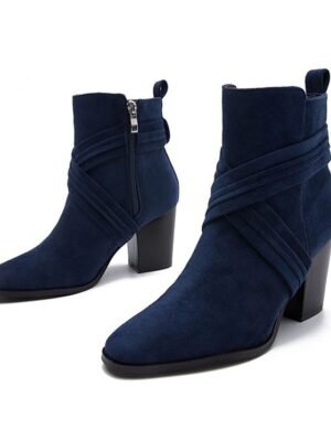 Stylish Block Heel Pointed Toe Suede Ankle Boots - Image 9