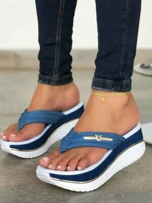 Stylish Casual Denim Metal Accent Wedge Flip-Flop Sandals - Image 1