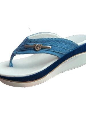Stylish Casual Denim Metal Accent Wedge Flip-Flop Sandals - Image 2