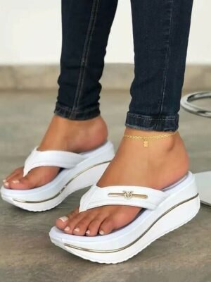 Stylish Casual Denim Metal Accent Wedge Flip-Flop Sandals - Image 3