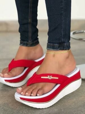 Stylish Casual Denim Metal Accent Wedge Flip-Flop Sandals - Image 4