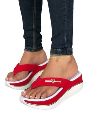 Stylish Casual Denim Metal Accent Wedge Flip-Flop Sandals - Image 5