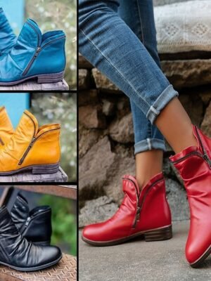 Stylish Casual Zip-Up Faux Leather Ankle Boots - Image 1