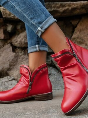 Stylish Casual Zip-Up Faux Leather Ankle Boots - Image 2