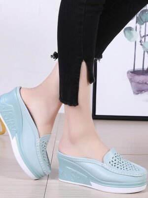 Stylish Embossed Leather Slip-On Wedge Loafers - Image 11