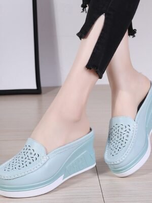 Stylish Embossed Leather Slip-On Wedge Loafers - Image 12