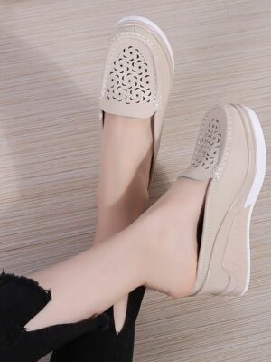 Stylish Embossed Leather Slip-On Wedge Loafers - Image 4