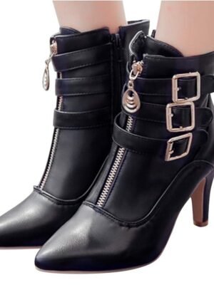 Stylish Faux Leather Pointed Toe Ankle Buckle Kitten Heel Boots - Image 1