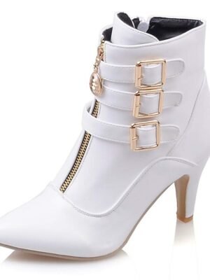 Stylish Faux Leather Pointed Toe Ankle Buckle Kitten Heel Boots - Image 3