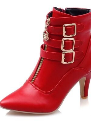 Stylish Faux Leather Pointed Toe Ankle Buckle Kitten Heel Boots - Image 5