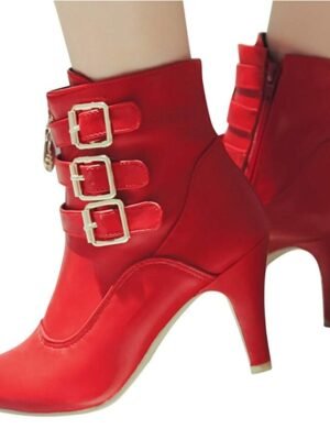 Stylish Faux Leather Pointed Toe Ankle Buckle Kitten Heel Boots - Image 6