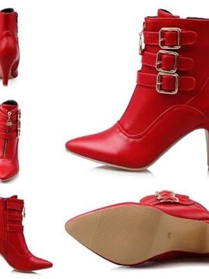 Stylish Faux Leather Pointed Toe Ankle Buckle Kitten Heel Boots - Image 7