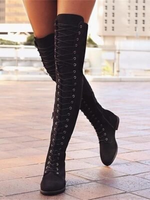 Stylish Flat Heel Lace-Up Over-the-Knee Suede Boots - Image 1