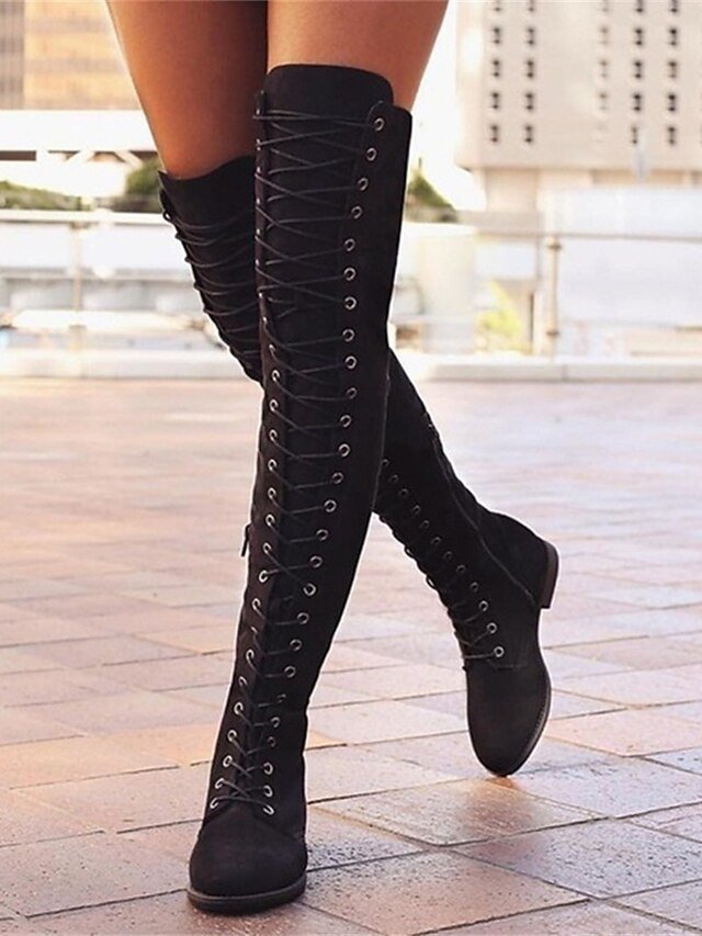 Stylish Flat Heel Lace-Up Over-the-Knee Suede Boots - Image 1