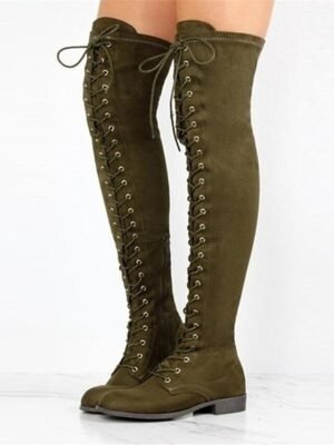 Stylish Flat Heel Lace-Up Over-the-Knee Suede Boots - Image 15