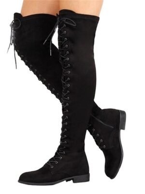Stylish Flat Heel Lace-Up Over-the-Knee Suede Boots - Image 2