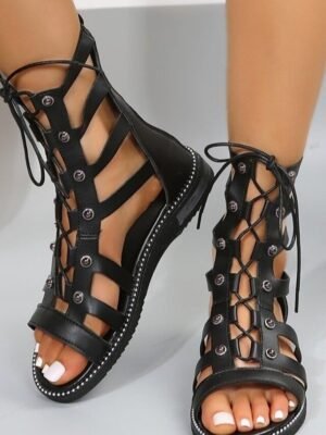 Stylish Flat Lace-Up Cut-Out Sandals - Image 1