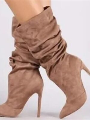 Stylish High Heel Pointed Toe Mid-Calf Suede Slouch Boots - Image 11