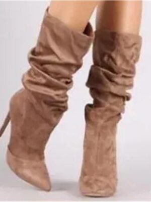 Stylish High Heel Pointed Toe Mid-Calf Suede Slouch Boots - Image 12