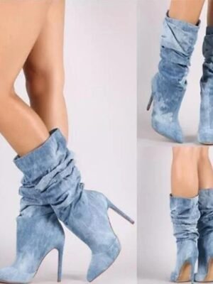 Stylish High Heel Pointed Toe Mid-Calf Suede Slouch Boots - Image 2