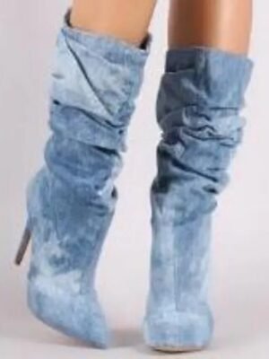 Stylish High Heel Pointed Toe Mid-Calf Suede Slouch Boots - Image 4