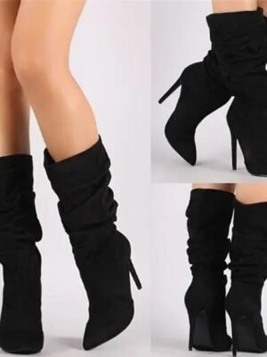 Stylish High Heel Pointed Toe Mid-Calf Suede Slouch Boots - Image 5