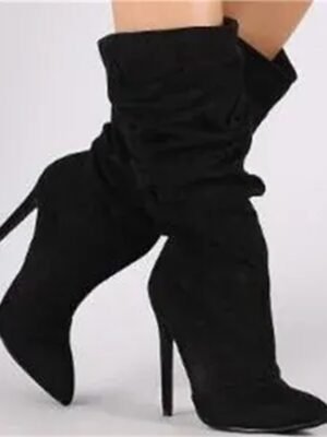 Stylish High Heel Pointed Toe Mid-Calf Suede Slouch Boots - Image 7